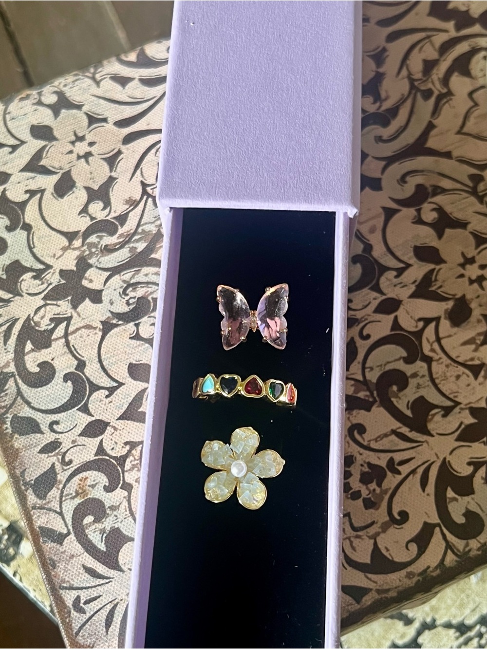 Boho Gold-Tone Floral & Gemstone Ring Set with Pink Butterfly